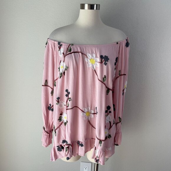 Liv Los Angeles Womens Plus 3X Pink Off Shoulder Embroidered Floral Top Blouse - Picture 1 of 11